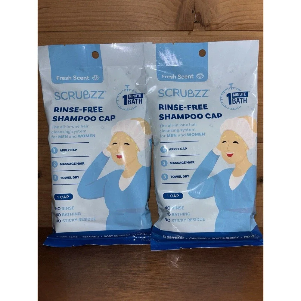 2 Scrubzz Rinse-Free Shampoo Caps Latex Free Elder Care Camping Post-Surgery New
